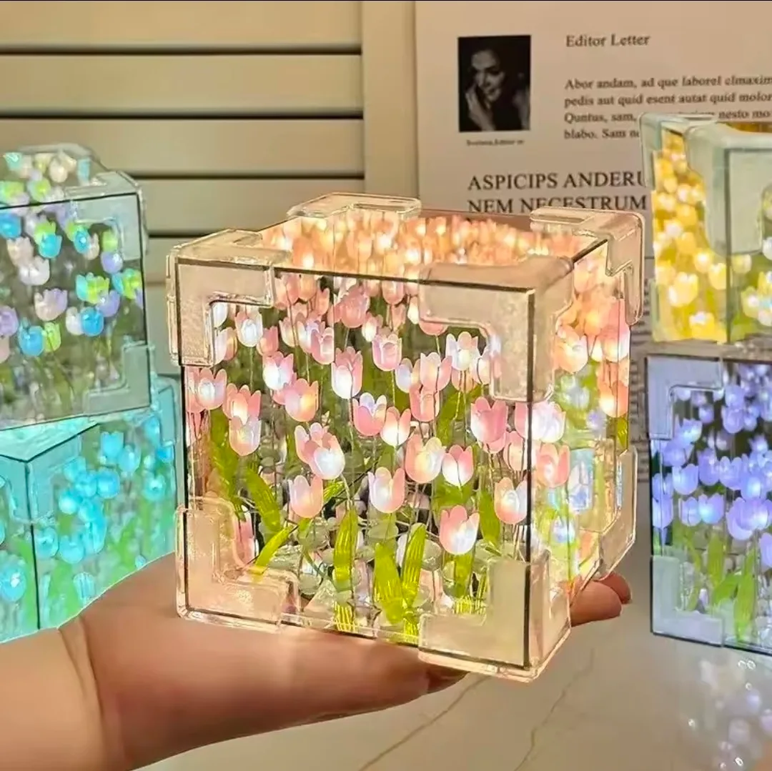 ​✨ Magical Tulip Infinity Mirror Cube Night Light ✨