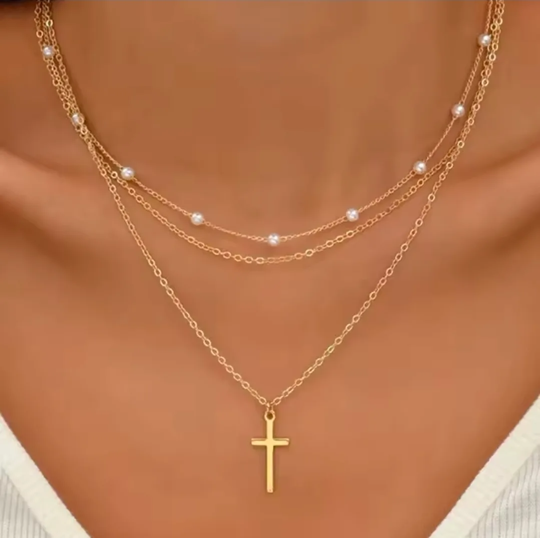​✨ 3-Layer Gold Tone Necklace with Delicate Pearls & Heart Pendant ✨
