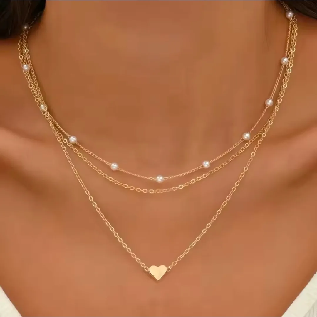 ​✨ 3-Layer Gold Tone Necklace with Delicate Pearls & Heart Pendant ✨