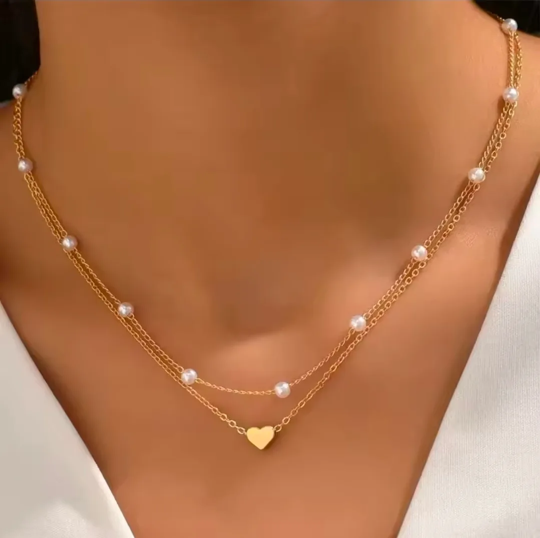 ​✨ 3-Layer Gold Tone Necklace with Delicate Pearls & Heart Pendant ✨