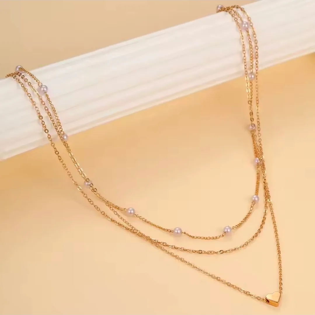 ​✨ 3-Layer Gold Tone Necklace with Delicate Pearls & Heart Pendant ✨