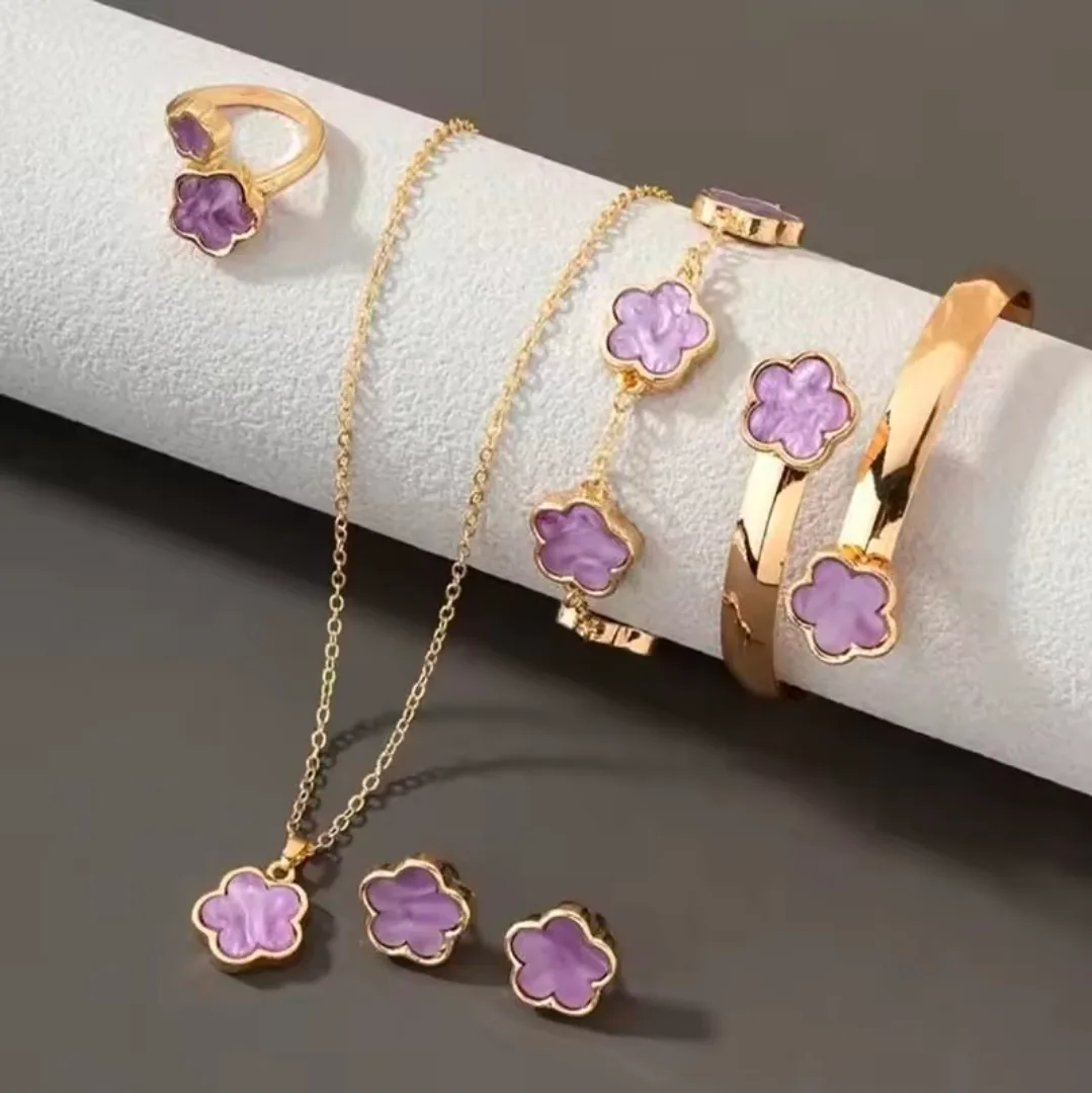 ​🌸 Elegant 5-Piece Purple Flower Jewelry Set 🌸