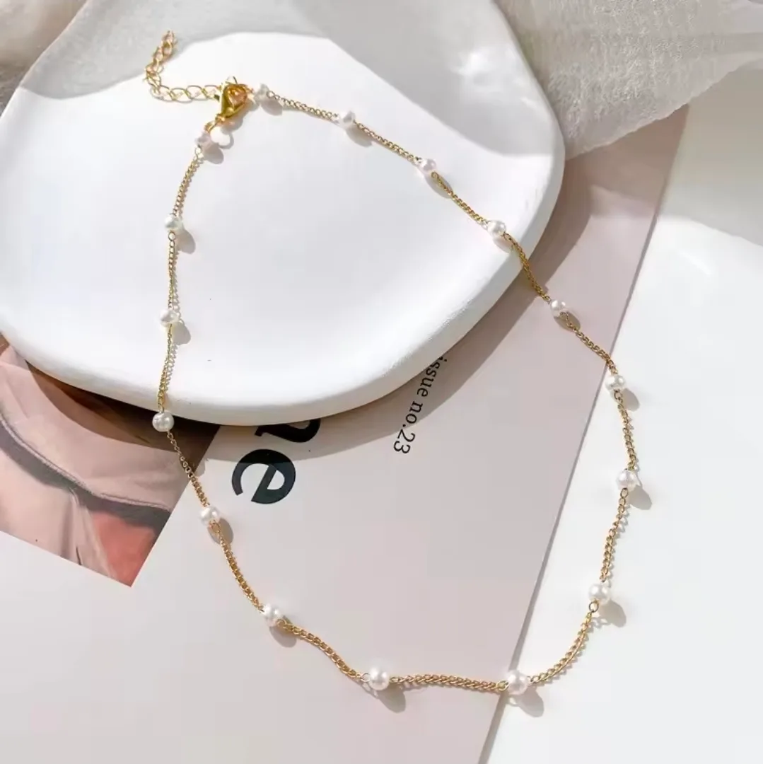 ​✨ Minimalist Gold-Plated Pearl Station Choker Necklace ✨